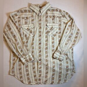 Vintage Sears beige floral wallpaper print long sleeve pearl snap shirt XL